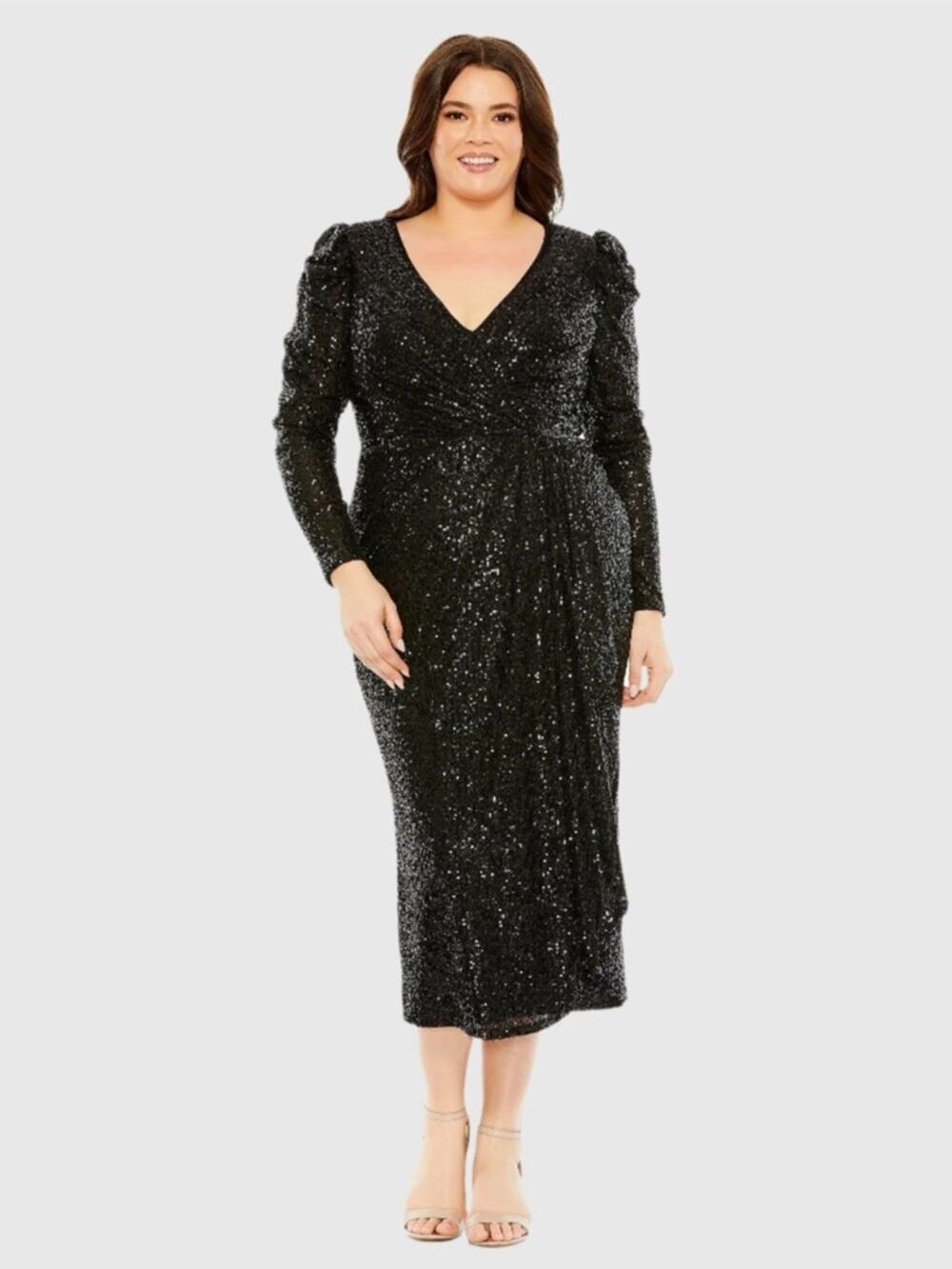 Mac Duggal Black Princess Long Sleeve V Neck Sequin Dress Size 20
